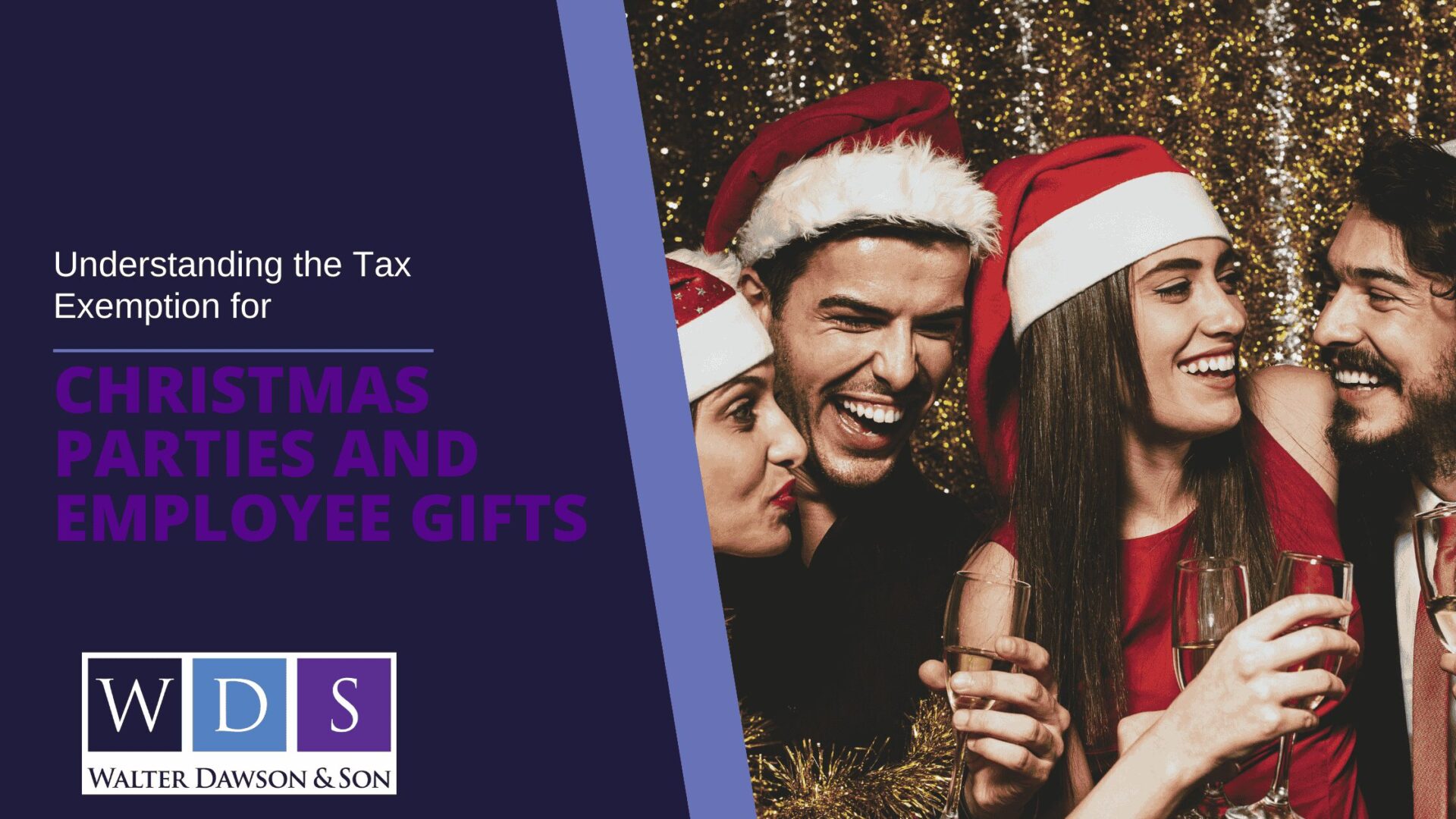 Smiling team members in Santa hats holding drinks at a festive office Christmas celebration, banner image for a business tax blog covering HM Revenue and Customs staff entertainment and gifting allowances.