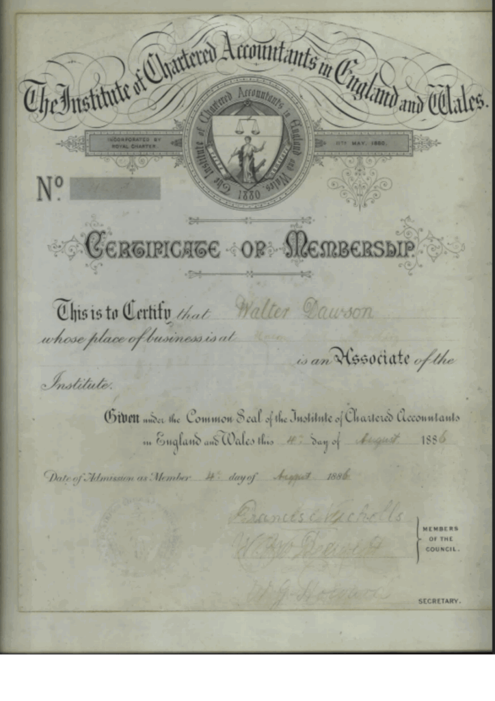Walter Dawson's Institute of Chartered Accountants in England and Wales membership certificate, dated 4th August 1886