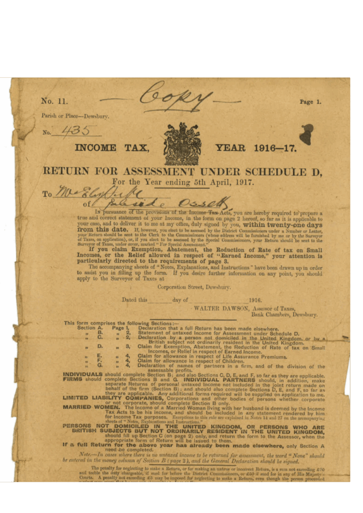 Income Tax return for the year 1916–17, signed by Walter Dawson as Assessor of Taxes, Dewsbury